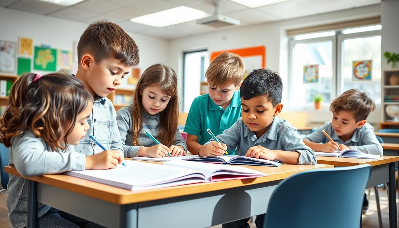 Students studying together in modern classroom